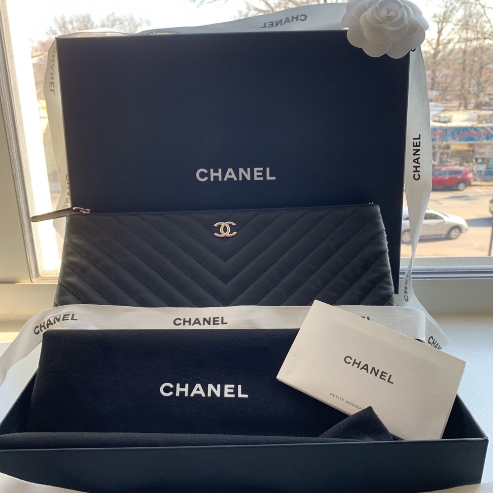 Authentic CHANEL Pouch Black Leather 8”x10 3/4”